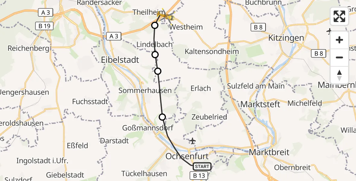 Flugroute Rettungshubschrauber Ochsenfurt - Theilheim, 20 September 2026, 10:18