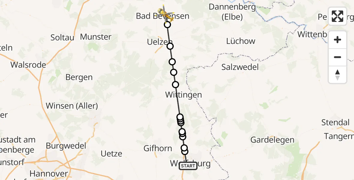 Flugroute Rettungshubschrauber Wolfsburg - Bad Bevensen, 20 September 2026, 10:28