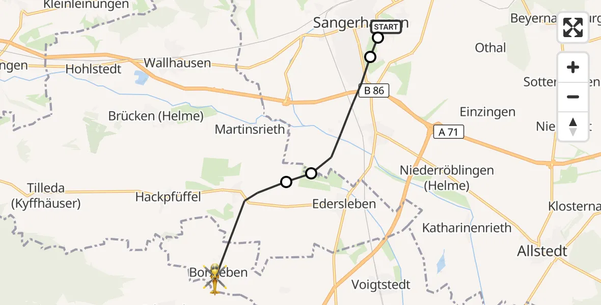 Flugroute Rettungshubschrauber Helios Clinic Mansfeld-Südharz - Borxleben, 20 September 2026, 10:29