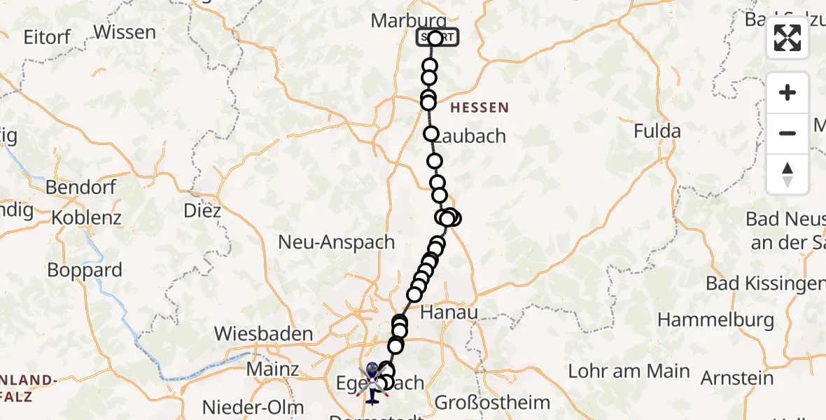 Flugroute Polizeihubschrauber Amöneburg - Flughafen Frankfurt-Egelsbach, 20 September 2026, 10:57
