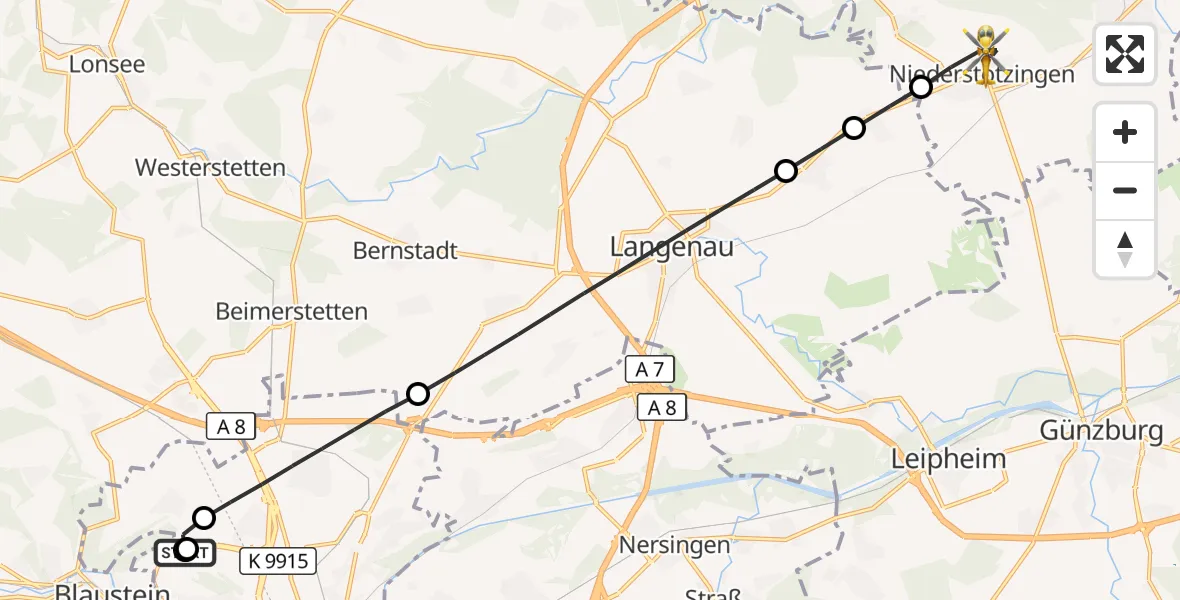 Flugroute Rettungshubschrauber Ulm Military Hospital Emergency - Niederstotzingen, 20 September 2026, 11:00