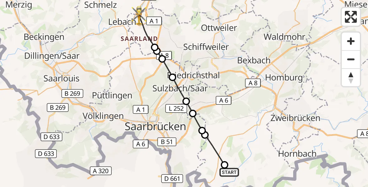 Flugroute Rettungshubschrauber Gersheim - Eppelborn, 20 September 2026, 11:08