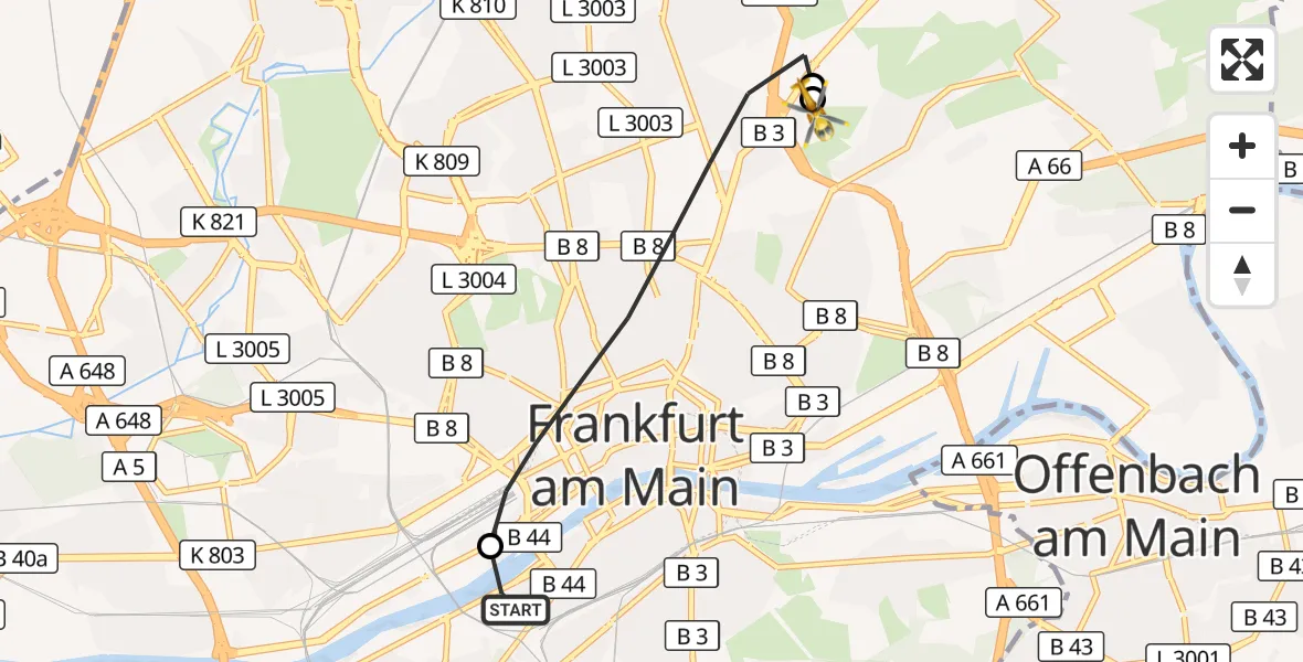 Flugroute Rettungshubschrauber Frankfurt University Hospital - Frankfurt am Main Accident Hospital Roof Helipad (CHX2), 20 September 2026, 11:39