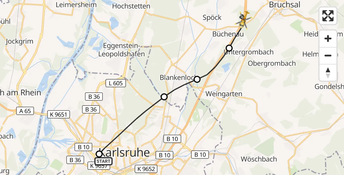 Flugroute Ambulanzhubschrauber Sankt Vincentius Hospital - Bruchsal, 20 September 2026, 11:59