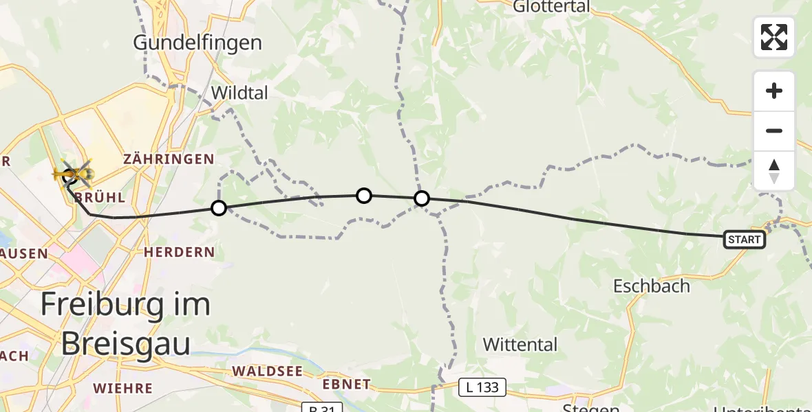 Flugroute Ambulanzhubschrauber Stegen - Freiburg im Breisgau Flugplatz, 20 September 2026, 12:01