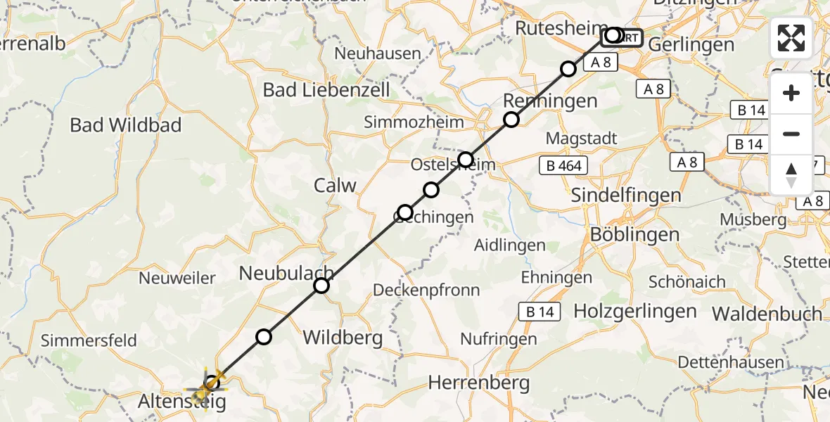 Flugroute Rettungshubschrauber Leonberg Hospital - Altensteig, 20 September 2026, 12:07