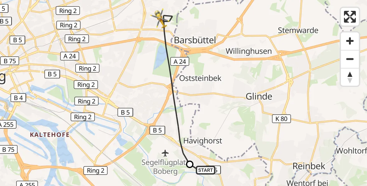 Flugroute Rettungshubschrauber Christoph Hansa ADAC Hubschrauberlandeplatz - Hamburg, 20 September 2026, 12:08