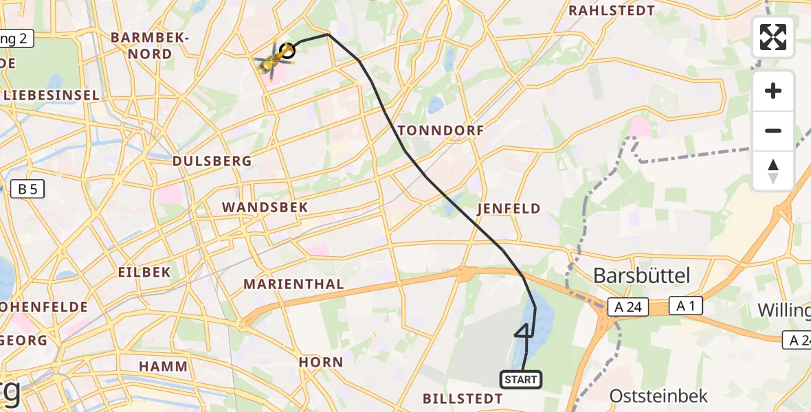 Flugroute Rettungshubschrauber Hamburg - Hamburg Military Hospital, 20 September 2026, 12:17