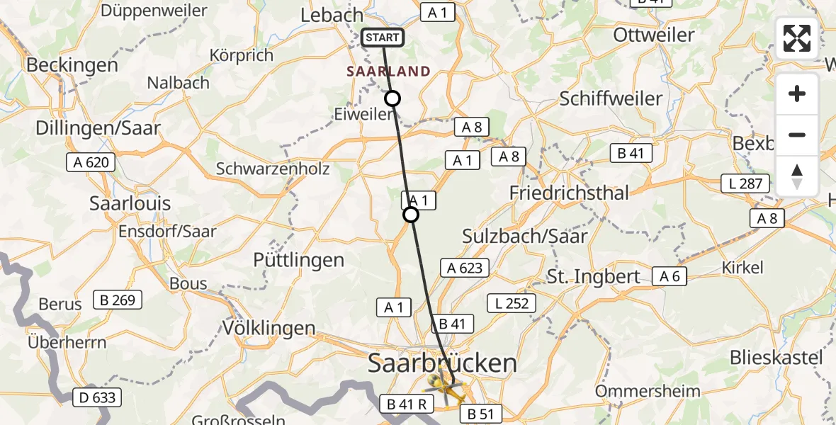Flugroute Rettungshubschrauber Eppelborn - Saarbrücken, 20 September 2026, 12:19