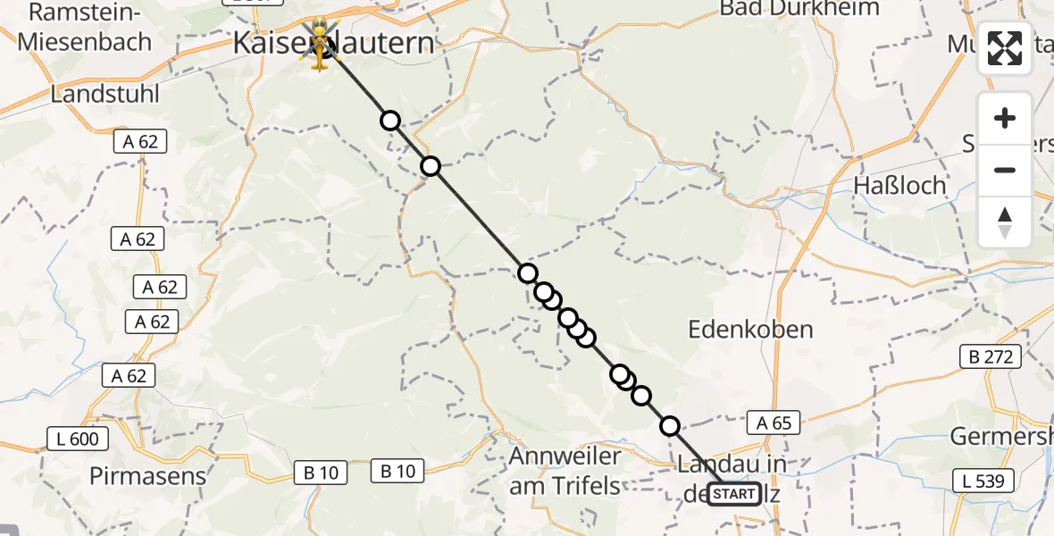 Flugroute Rettungshubschrauber Landau in der Pfalz - Westpfalz Hospital Kaiserslautern, 20 September 2026, 12:27
