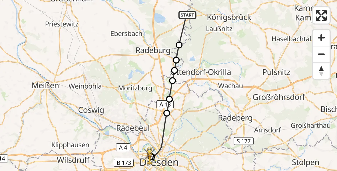 Flugroute Rettungshubschrauber Thiendorf - Dresden Friedrichstadt Hospital, 20 September 2026, 12:32