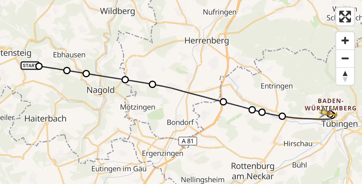 Flugroute Rettungshubschrauber Egenhausen - Tübingen University Hospital, 20 September 2026, 12:48