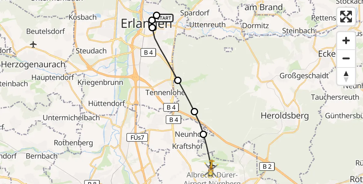 Flugroute Rettungshubschrauber Erlangen University Hospital Ebrardstraße - Flughafen Nuremberg, 20 September 2026, 13:03