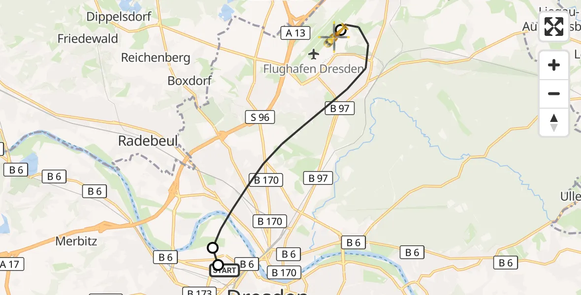 Flugroute Rettungshubschrauber Dresden Friedrichstadt Hospital - Dresden Bundespolizei Hubschrauberlandeplatz, 20 September 2026, 13:06