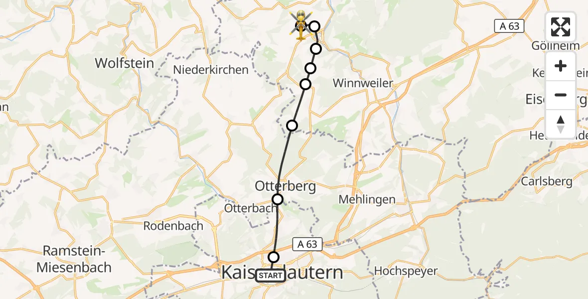 Flugroute Rettungshubschrauber Westpfalz Hospital Kaiserslautern - Rockenhausen, 20 September 2026, 13:12