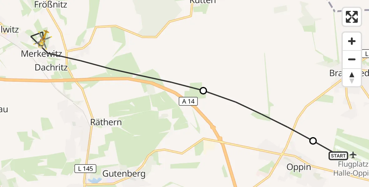 Flugroute Rettungshubschrauber Halle-Oppin Flugplatz - Petersberg, 20 September 2026, 13:14