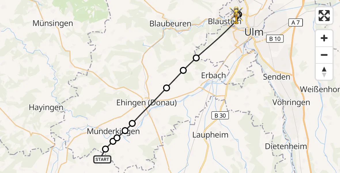 Flugroute Rettungshubschrauber Uttenweiler - Ulm Military Hospital Emergency, 20 September 2026, 13:25