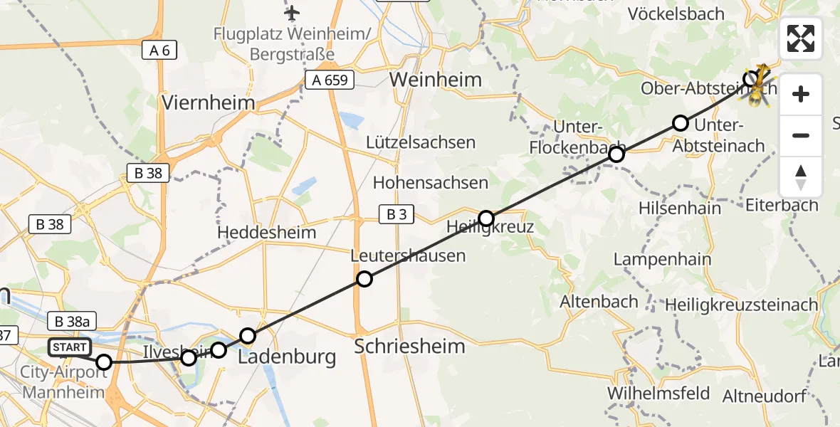 Flugroute Rettungshubschrauber Mannheim-City Flughafen - Wald-Michelbach, 20 September 2026, 13:40