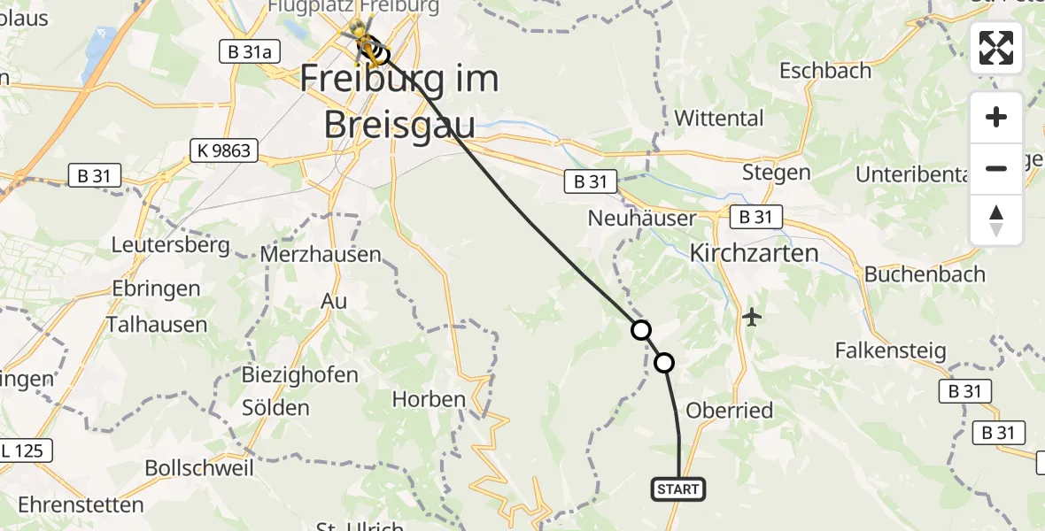 Flugroute Ambulanzhubschrauber Oberried - Freiburg University Hospital Heliport 1, 20 September 2026, 13:40