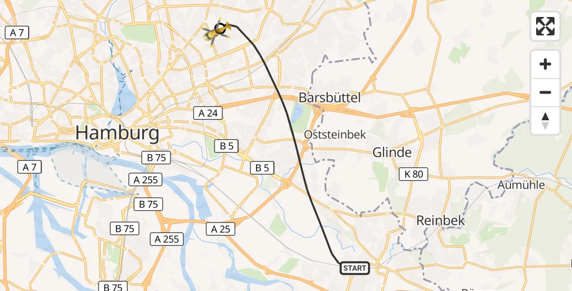 Flugroute Rettungshubschrauber Hamburg - Hamburg Military Hospital, 20 September 2026, 14:03