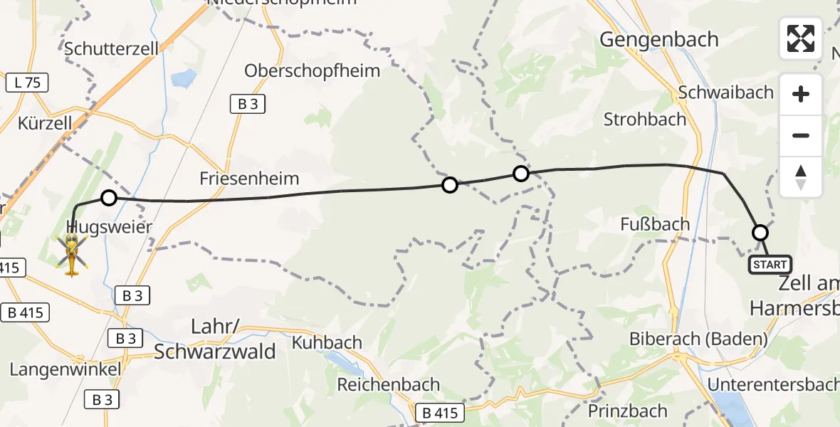 Flugroute Rettungshubschrauber Zell am Harmersbach - Lahr Flughafen, 20 September 2026, 14:21