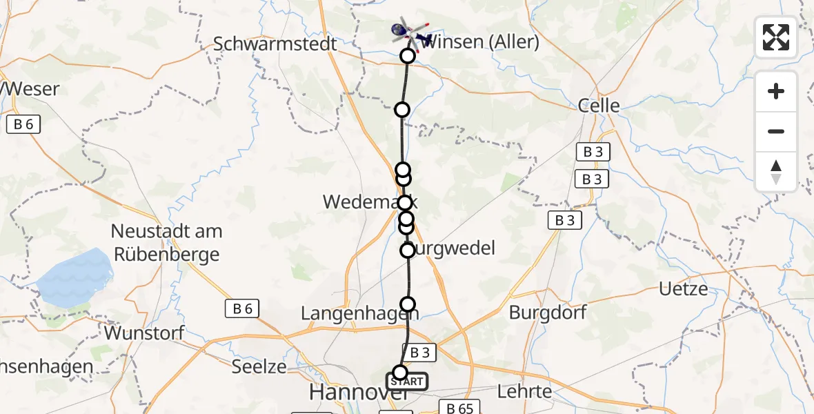Flugroute Polizeihubschrauber Hannover Luftrettung Hubschrauberlandeplatz (Christoph 4) - Winsen (Aller), 20 September 2026, 14:23