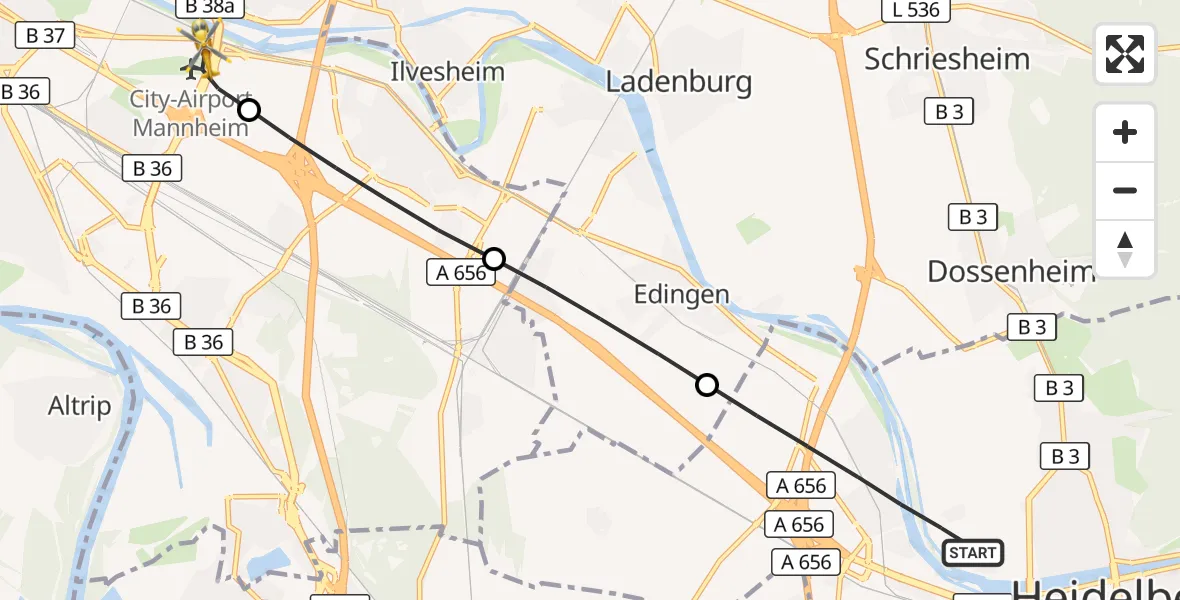 Flugroute Rettungshubschrauber Heidelberg - Mannheim-City Flughafen, 20 September 2026, 14:37