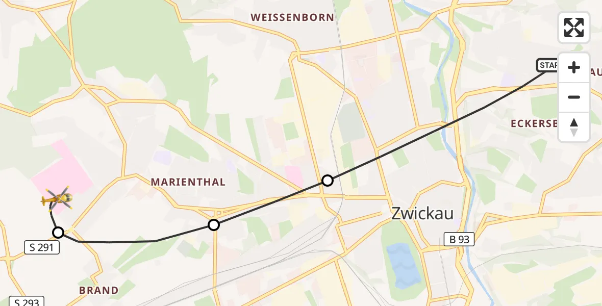 Flugroute Rettungshubschrauber Zwickau - ADAC Air Rescue Station Zwickau Hubschrauberlandeplatz, 20 September 2026, 14:39