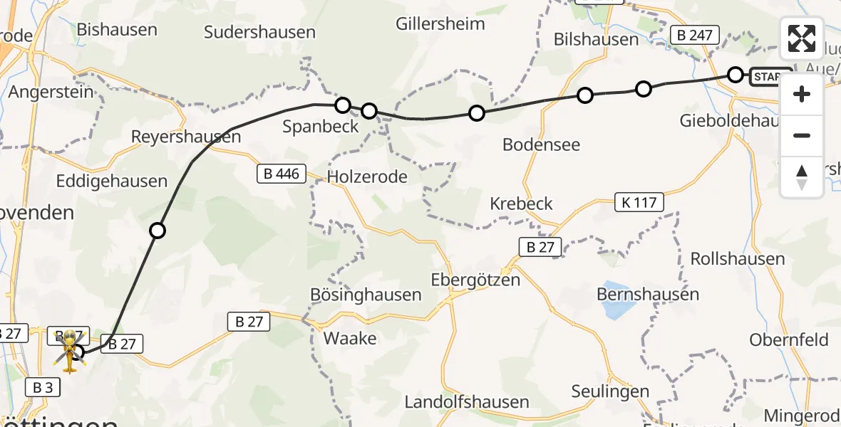 Flugroute Rettungshubschrauber Wollershausen - Göttingen University Clinic Hubschrauberlandeplatz, 20 September 2026, 14:52