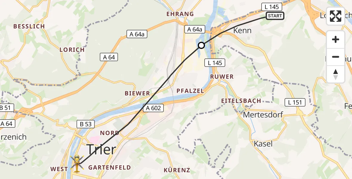 Flugroute Rettungshubschrauber Kenn - Trier, 20 September 2026, 14:53