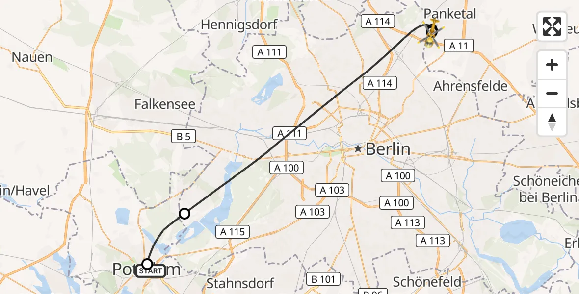 Flugroute Rettungshubschrauber Ernst von Bergmann Clinic Hubschrauberlandeplatz - Helios Clinic Berlin-Buch, 20 September 2026, 15:00