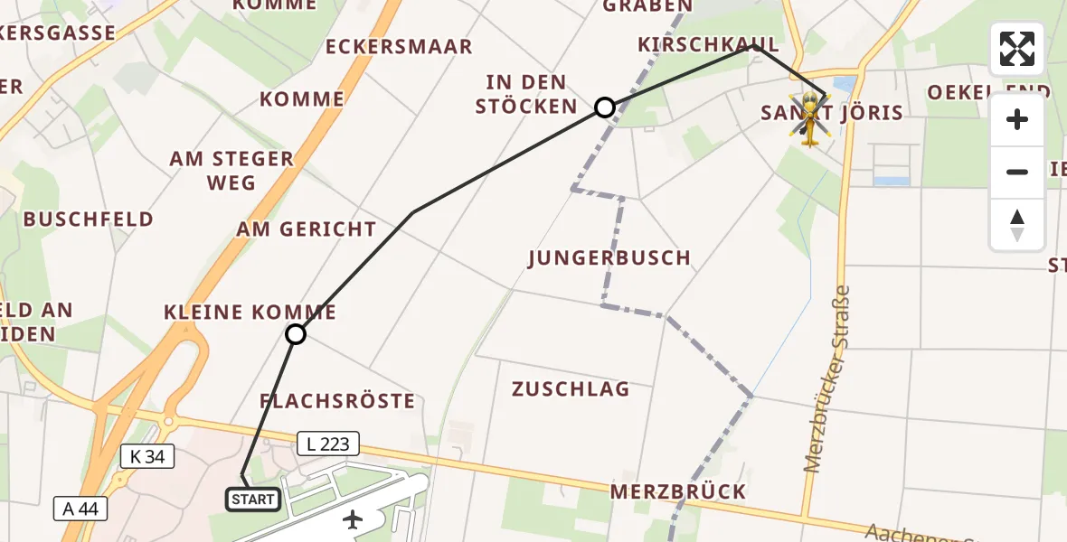 Flugroute Rettungshubschrauber Aachen-Merzbrück Flughafen - Eschweiler, 20 September 2026, 15:08