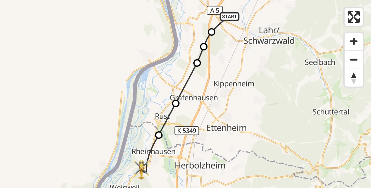 Flugroute Rettungshubschrauber Lahr/Schwarzwald - Rheinhausen, 20 September 2026, 15:10