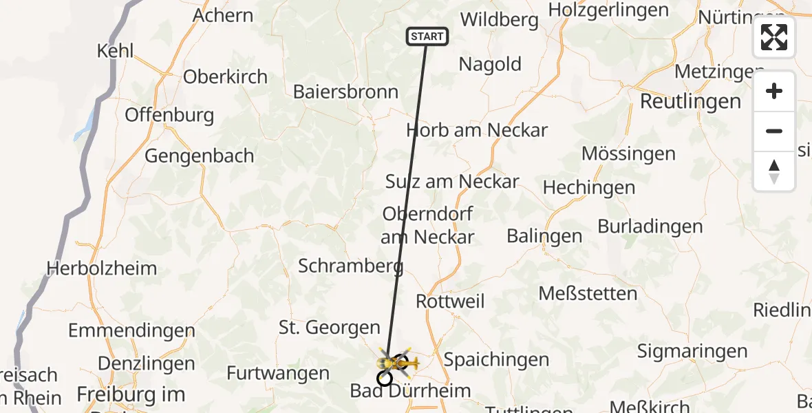 Flugroute Ambulanzhubschrauber Altensteig - DRF Air Rescue Station Villingen-Schwenningen Hubschrauberlandeplatz (Christoph 11), 20 September 2026, 15:19