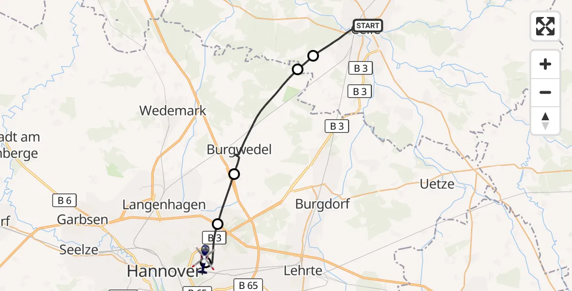 Flugroute Polizeihubschrauber Celle - Hannover Luftrettung Hubschrauberlandeplatz (Christoph 4), 20 September 2026, 15:27