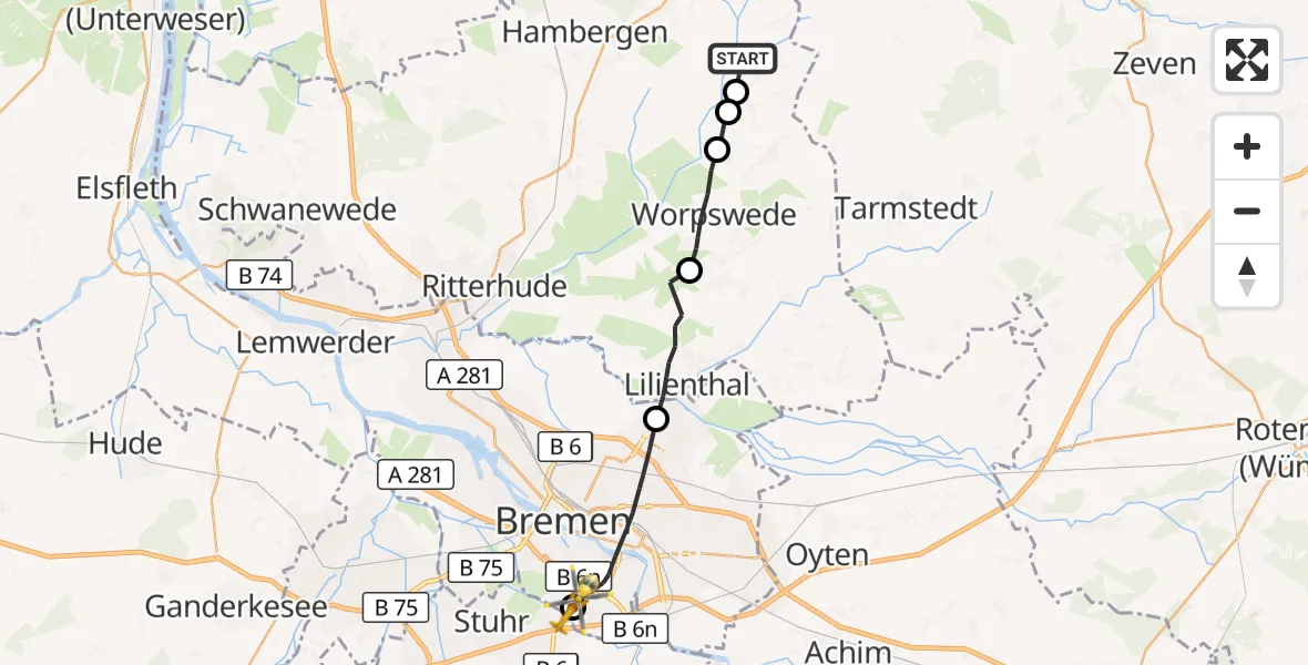 Flugroute Rettungshubschrauber Vollersode - ADAC Air Rescue Station Bremen Hubschrauberlandeplatz (Christoph 6), 20 September 2026, 15:57