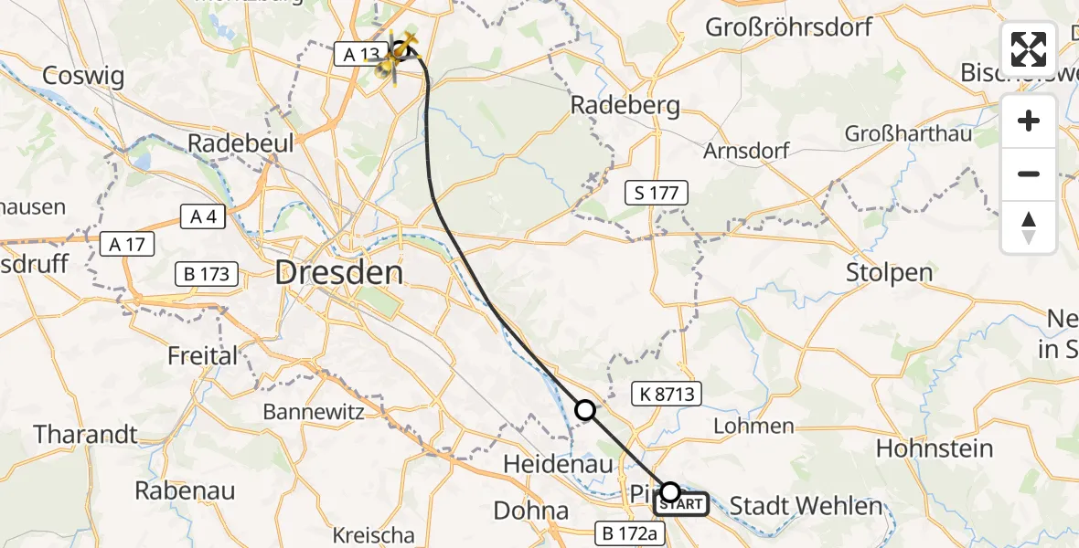 Flugroute Rettungshubschrauber Pirna Hospital - Dresden Bundespolizei Hubschrauberlandeplatz, 20 September 2026, 16:27