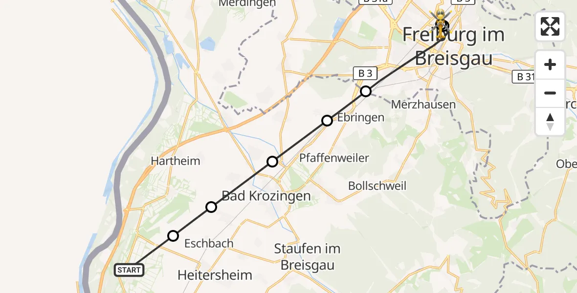 Flugroute Ambulanzhubschrauber Neuenburg am Rhein - Freiburg University Hospital Heliport 1, 20 September 2026, 16:30