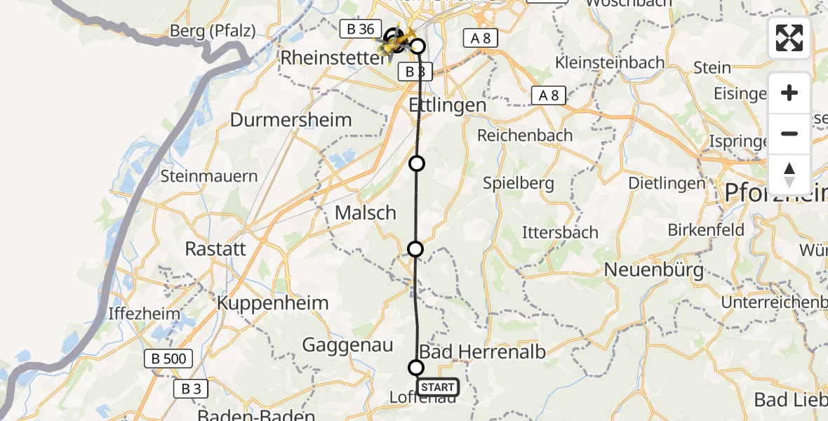Flugroute Ambulanzhubschrauber Loffenau - Karlsruhe, 20 September 2026, 16:47