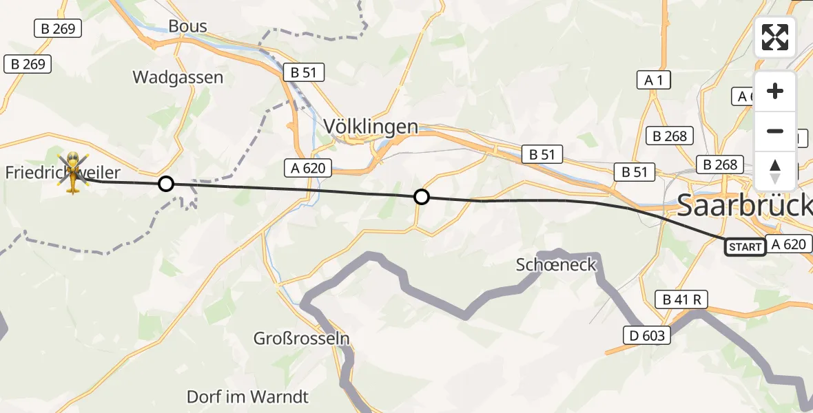 Flugroute Rettungshubschrauber Saarbrücken - Wadgassen, 20 September 2026, 17:03