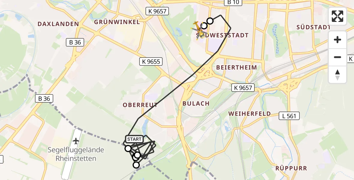 Flugroute Ambulanzhubschrauber Karlsruhe - Sankt Vincentius Hospital, 20 September 2026, 17:07