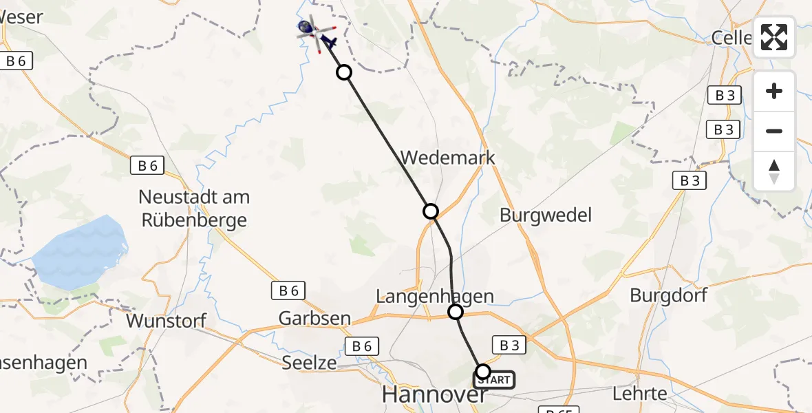 Flugroute Polizeihubschrauber Hannover Luftrettung Hubschrauberlandeplatz (Christoph 4) - Neustadt am Rübenberge, 20 September 2026, 17:07