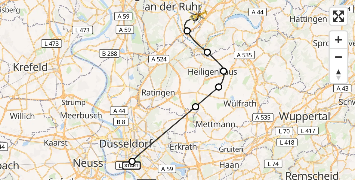 Flugroute Rettungshubschrauber Düsseldorf University Hospital - Essen-Mülheim Flughafen, 20 September 2026, 17:13