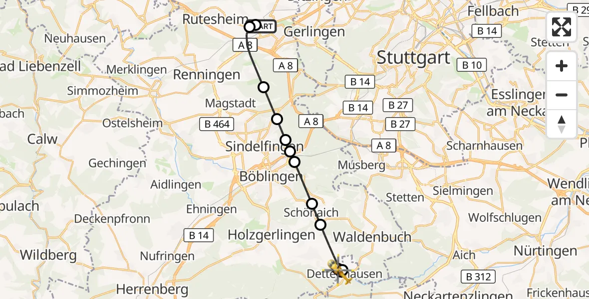Flugroute Rettungshubschrauber Leonberg Hospital - Dettenhausen, 20 September 2026, 17:15