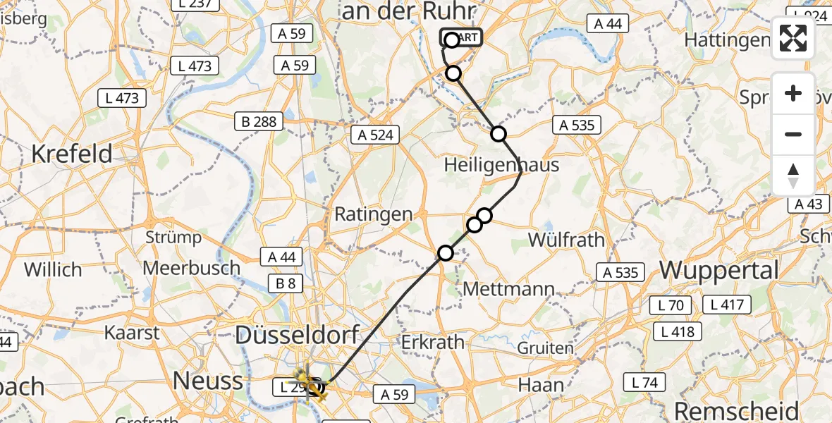 Flugroute Rettungshubschrauber Essen-Mülheim Flughafen - Düsseldorf University Hospital, 20 September 2026, 17:38
