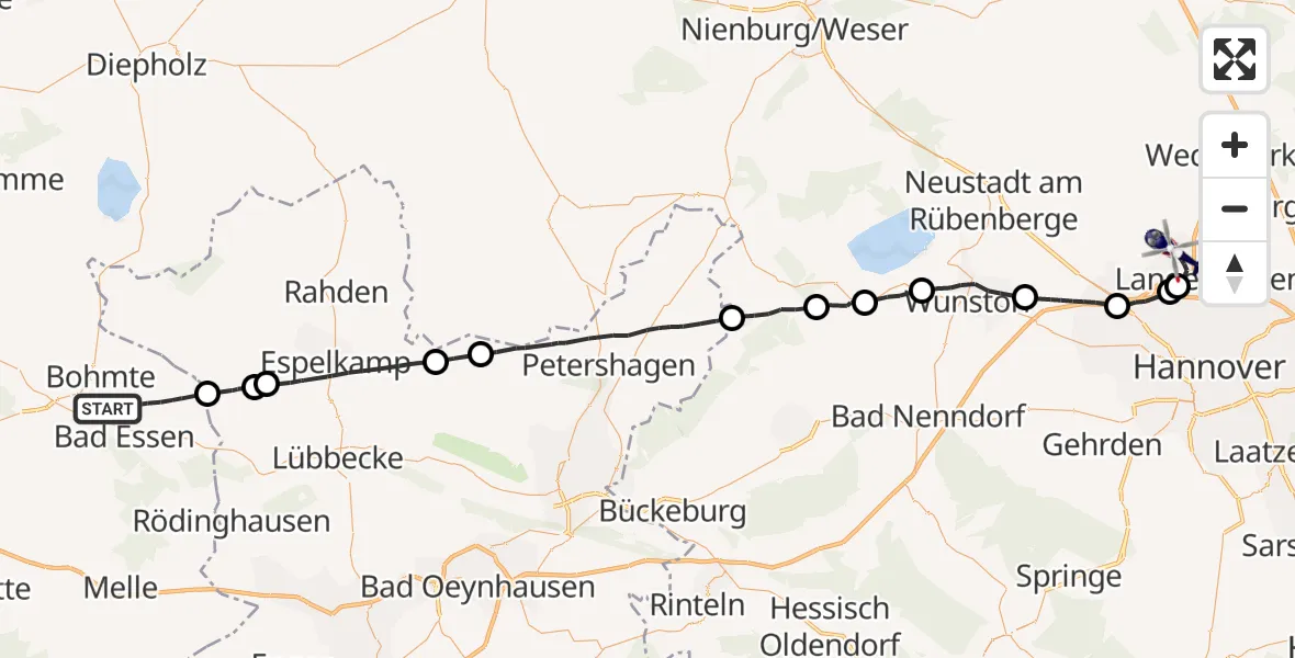 Flugroute Polizeihubschrauber Bad Essen - Flughafen Hannover, 20 September 2026, 18:03