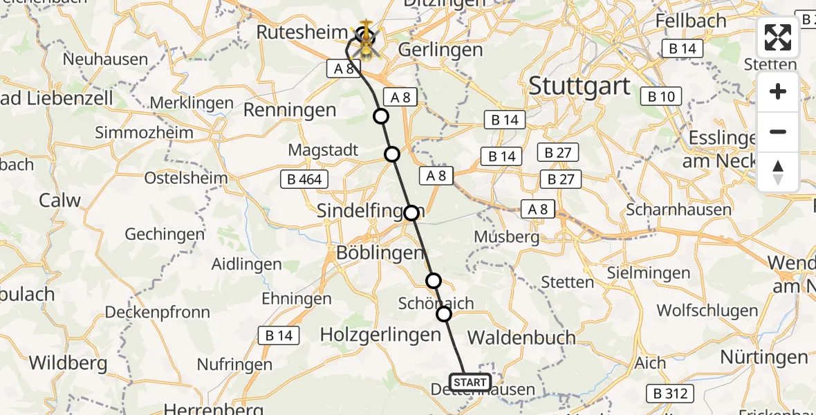 Flugroute Rettungshubschrauber Weil im Schönbuch - Leonberg Hospital, 20 September 2026, 18:18