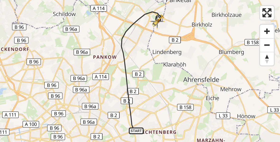 Flugroute Rettungshubschrauber Berlin - Helios Clinic Berlin-Buch, 20 September 2026, 18:51