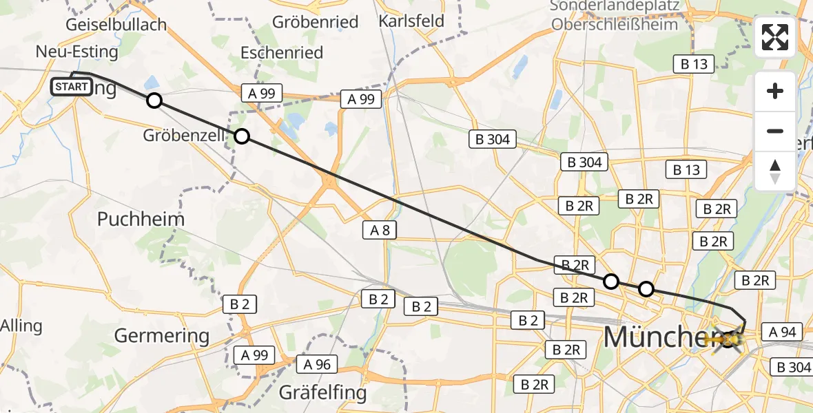 Flugroute Rettungshubschrauber Olching - Rechts der Isar University Hospital, 20 September 2026, 19:47
