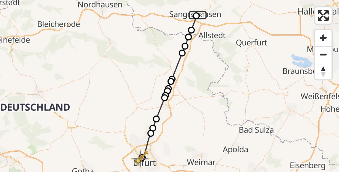 Flugroute Rettungshubschrauber Helios Clinic Mansfeld-Südharz - Helios Clinic Erfurt, 20 September 2026, 22:47